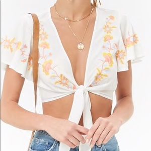 Embroidered tie front crop top - Forever 21